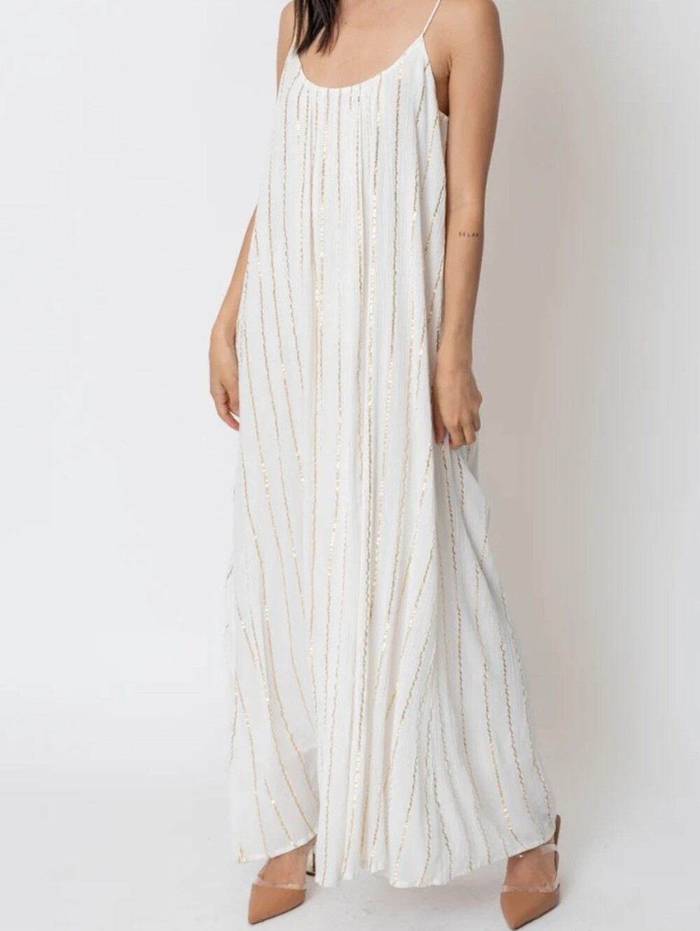 En Creme White Gold-Striped Spaghetti Strap Maxi Dress NWT